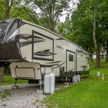 rv parked on gravel surrounded by grass and trees